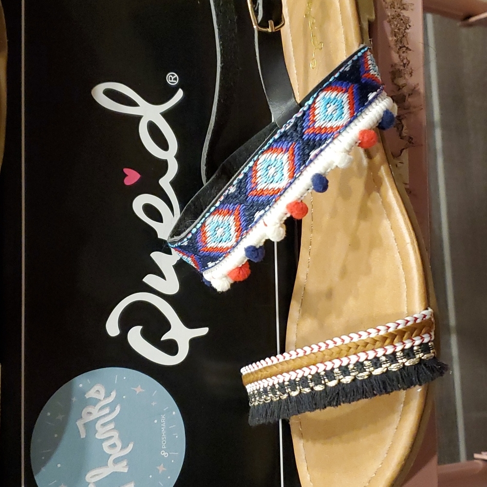 Embroidered Pom Pom black embroidered flat sandals